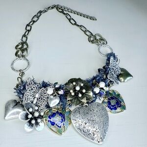 Silver and blue cloisonné heart necklace #52